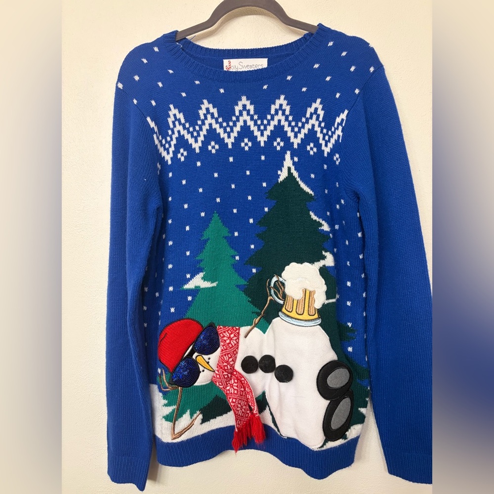 JOLLY SWEATERS Blue Ugly Christmas Sweater Drunk Snowman with Beer Medium